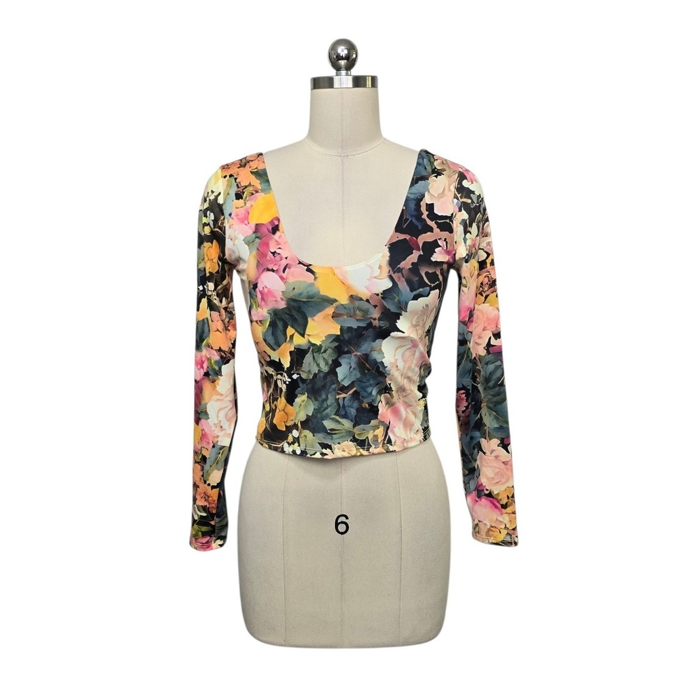 Albion Fit Womens Floral Long Sleeve Scoop Neck Crop Top Size Small